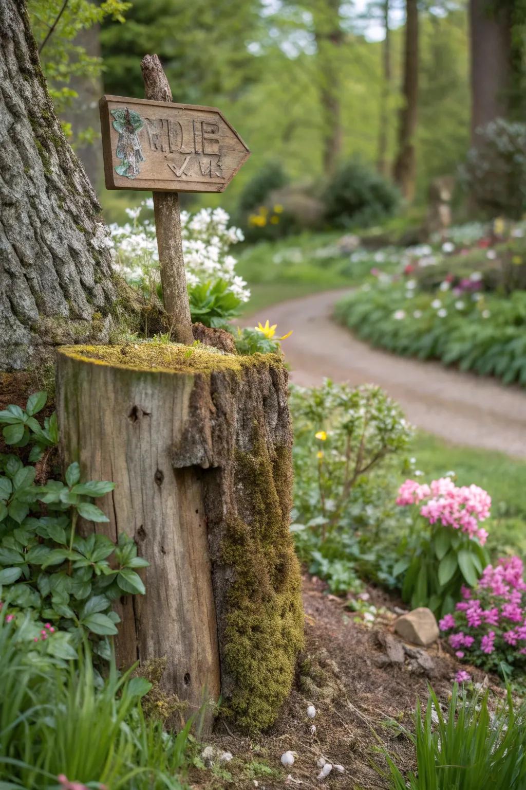 A directional marker affixed to a stump introduces guidance and charm to any garden.