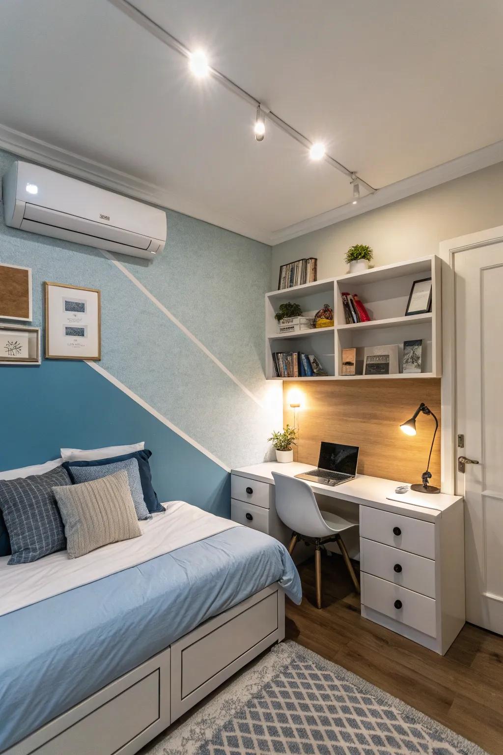 Dichromatic walls can impart dimension and define areas within a compact bedroom.