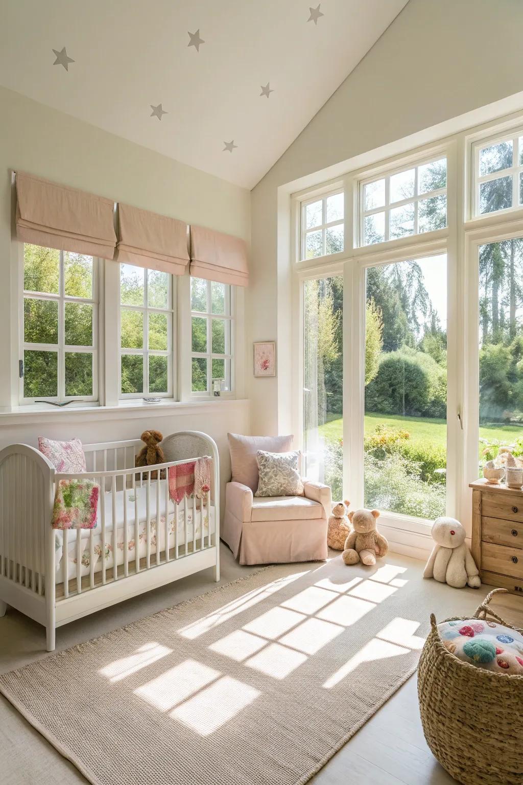 Light and radiant walls augment natural illumination, engendering a cheerful nursery milieu.