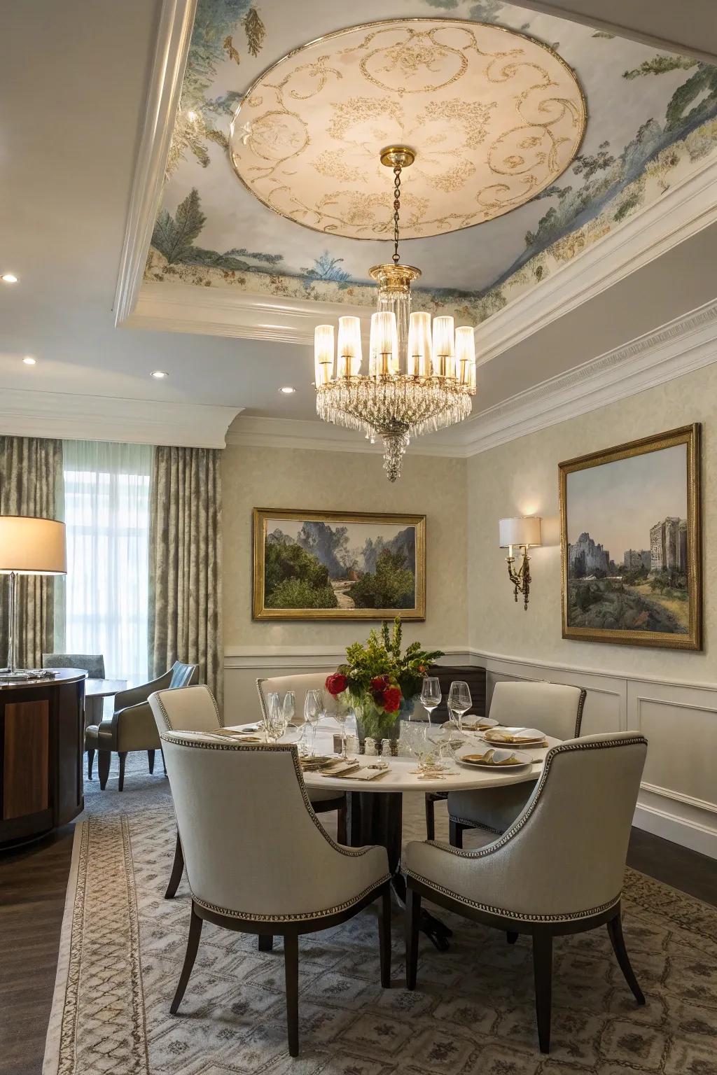 Luminescence complements the coated ceiling, elevating the overall ambiance.