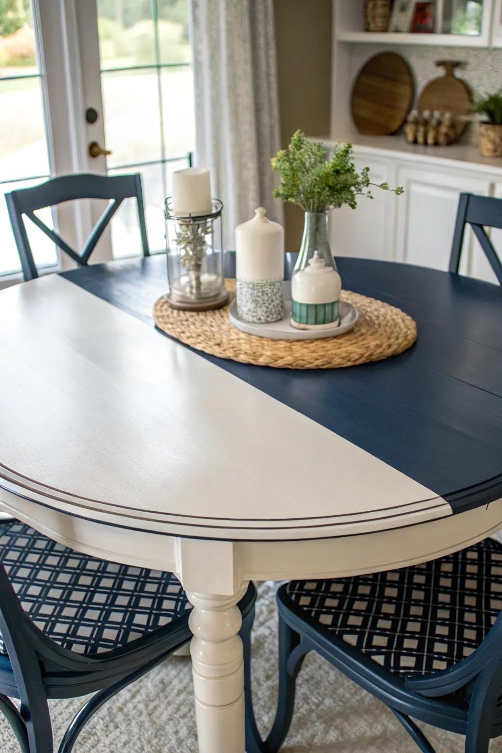 A two-tone finish adds visual depth and character to your dining table.