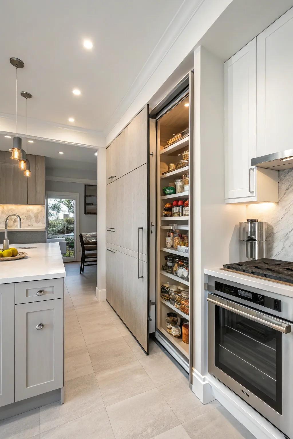 Concealed entrances propose a refined and discreet pantry solution.