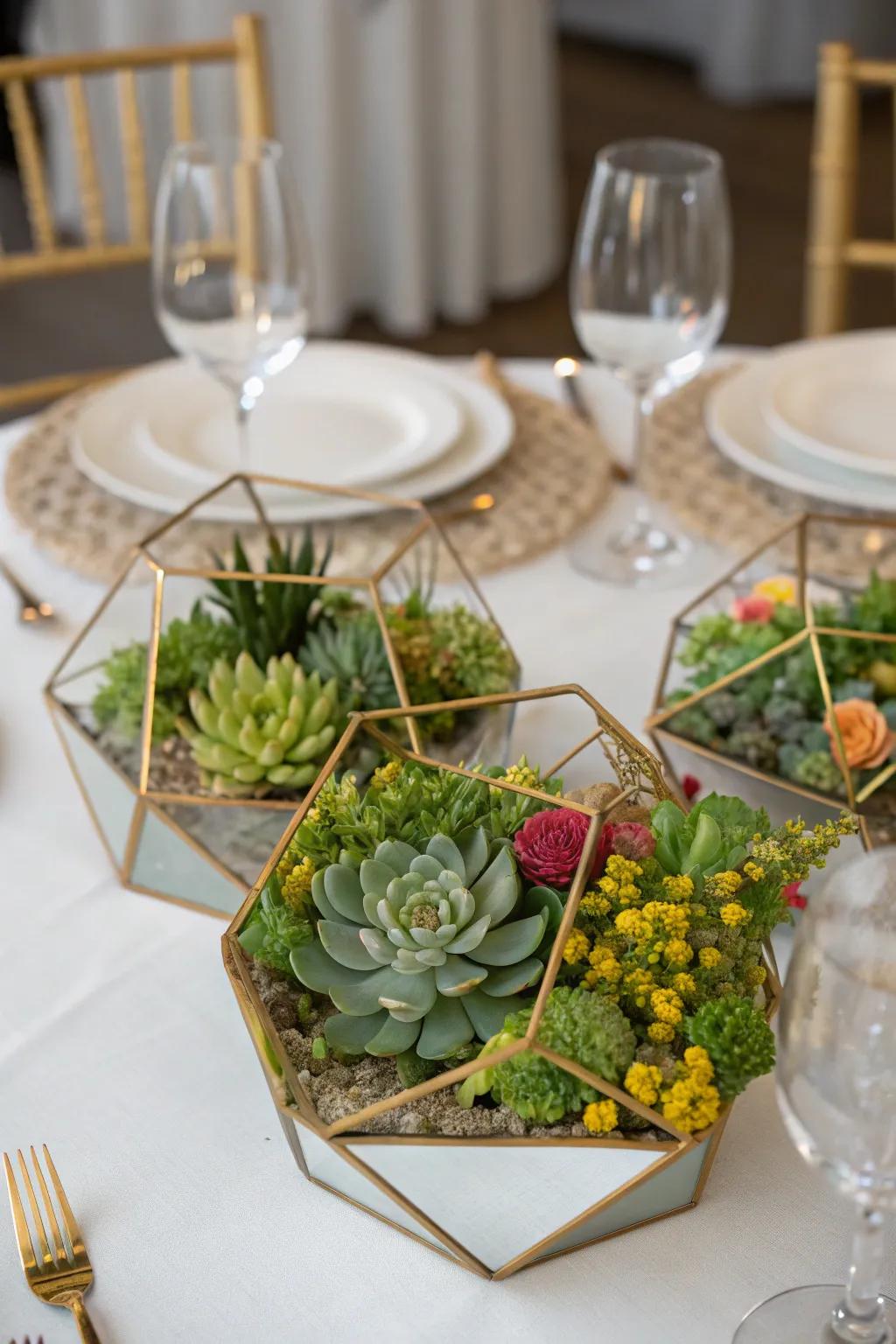 A contemporary, geometric centerpiece adorned with succulents.