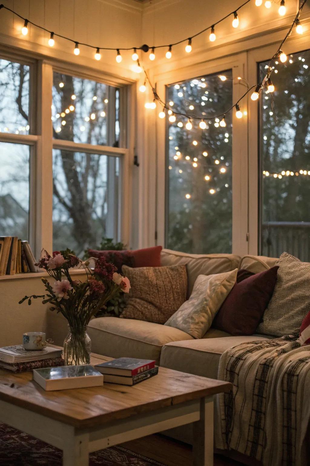 Create cozy vibes with warm string lights.