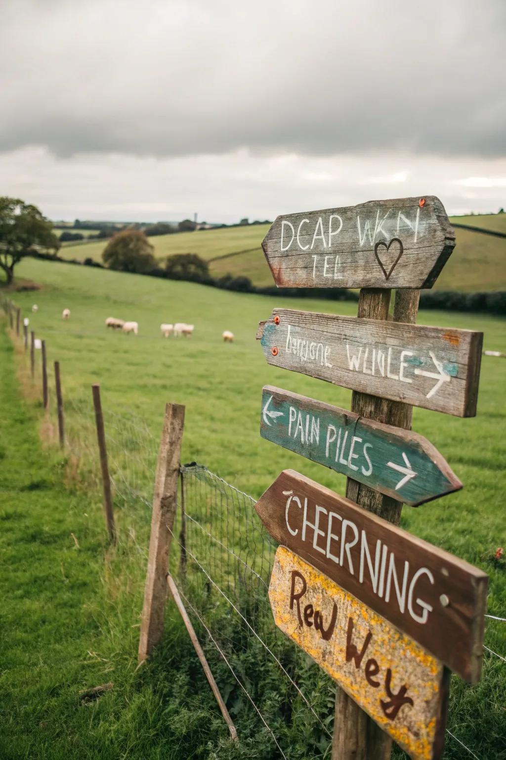 Country-style timber signboards directing guests around the venue.