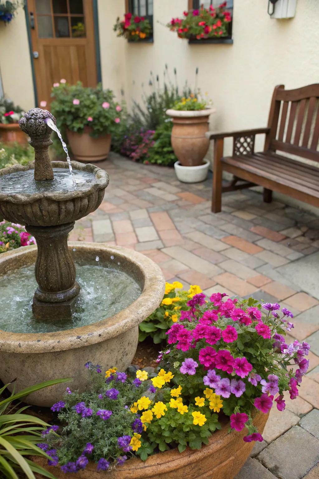 An aquatic feature injects elegance and calm into a small patio.