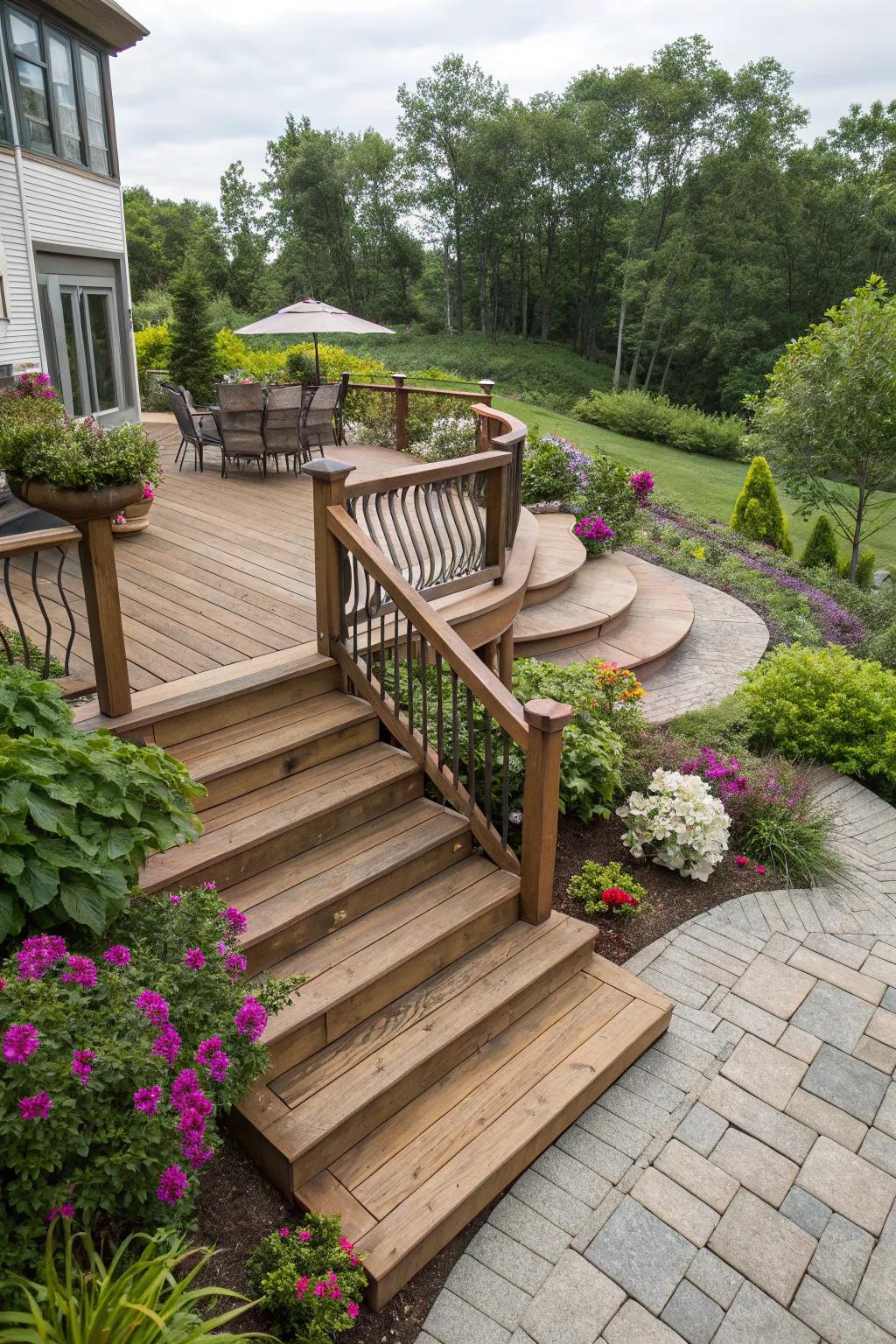 Wraparound steps cultivate an open, inviting atmosphere.