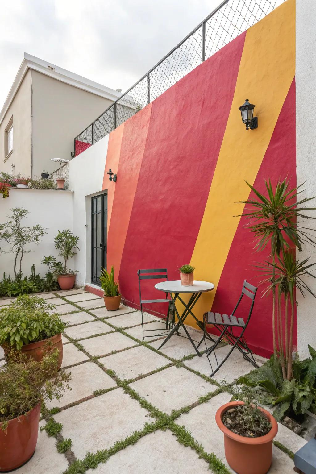Audacious highlight pigment transforms the patio wall into an expressive element.