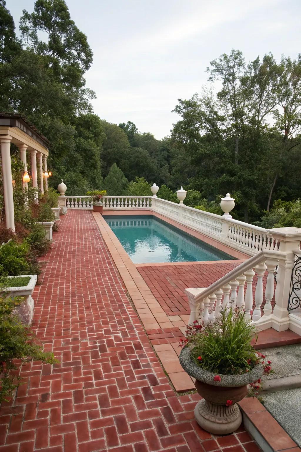 Clay bricks give the poolside a cozy and traditional feel.