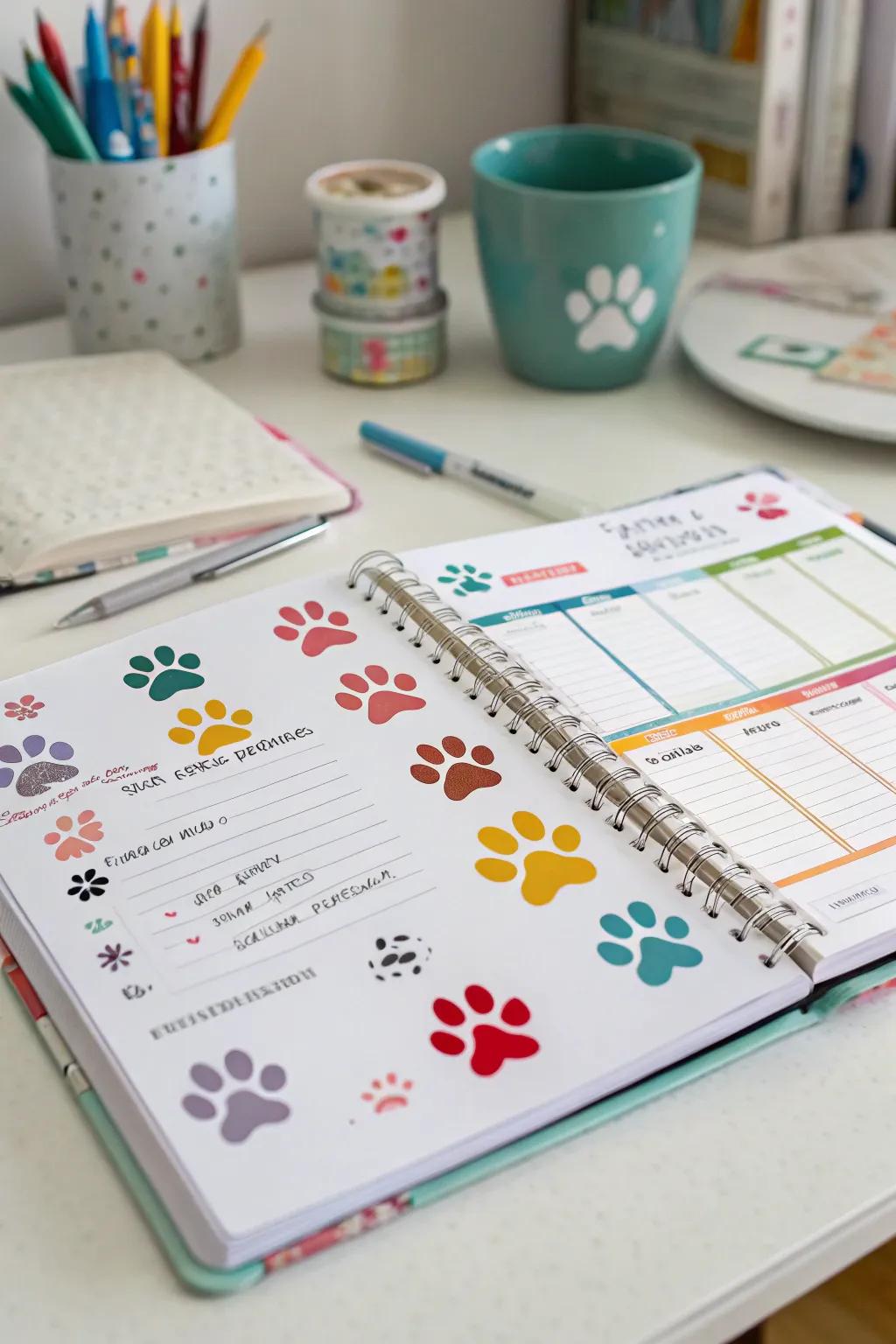 Vibrant paw impression stickers adding fun to a planner.