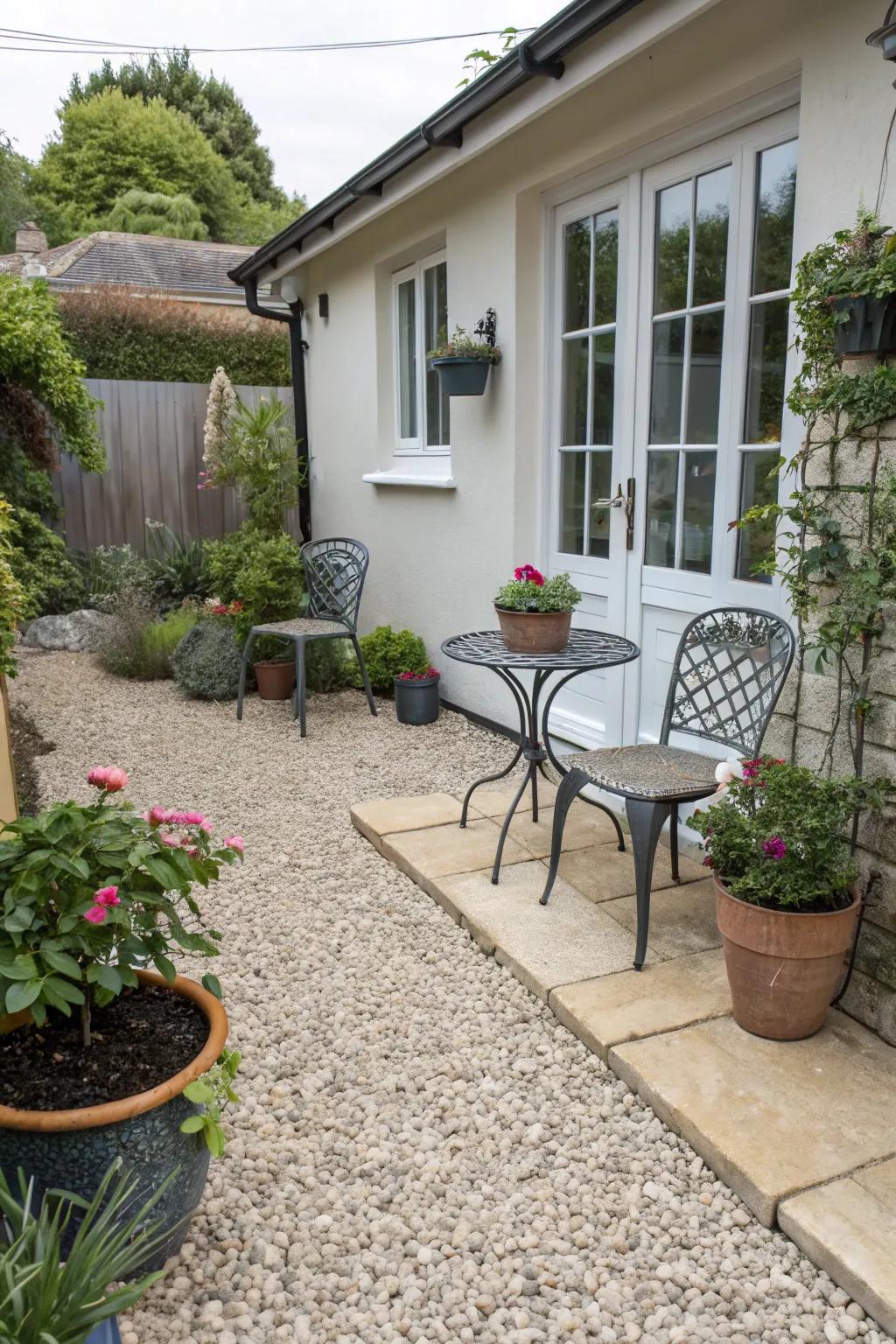 Optimize your side yard with a pea gravel terrace.
