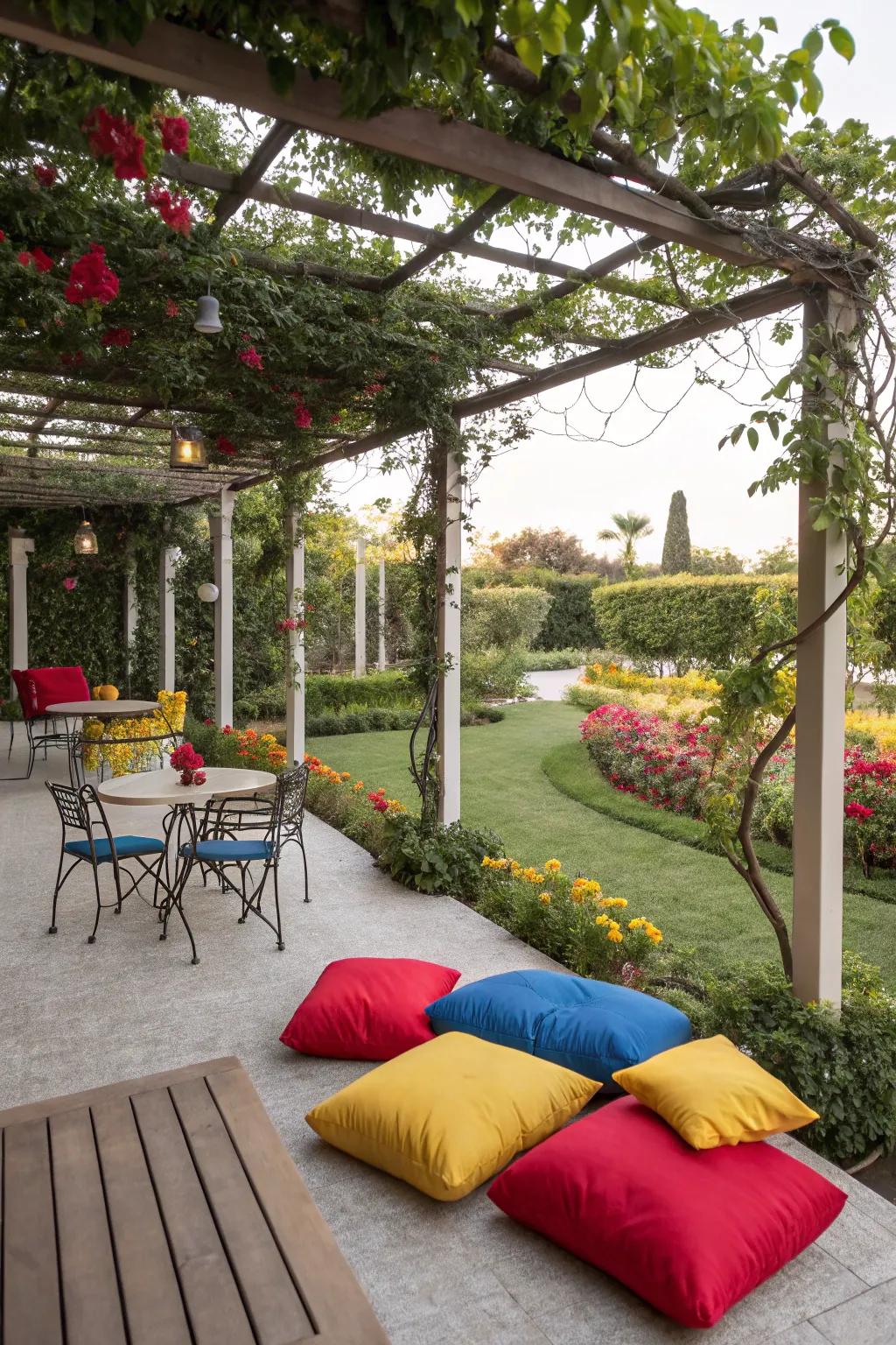 Bold colors animate pergola environments.