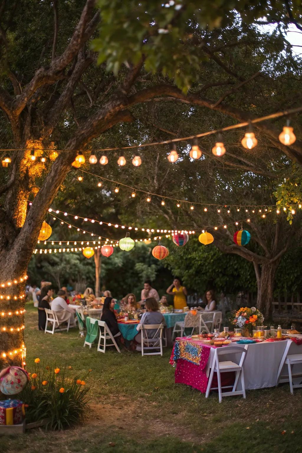 A dynamic lawn social arrangement featuring strand lights and vibrant tableware.
