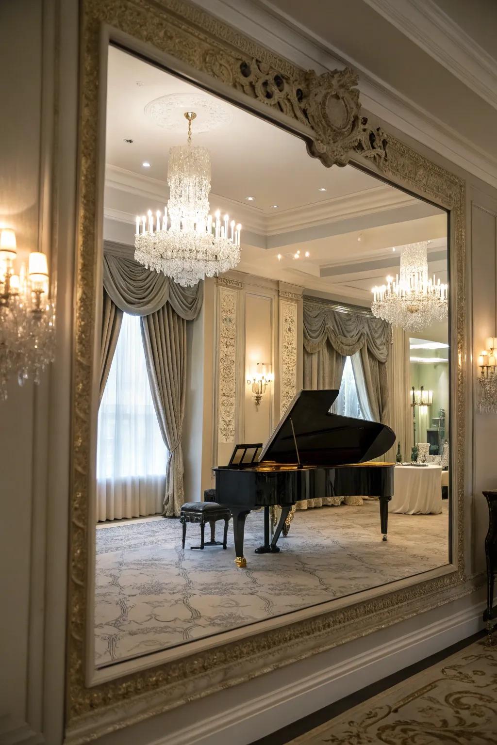 A mirror enhances space and elegance in the piano room.