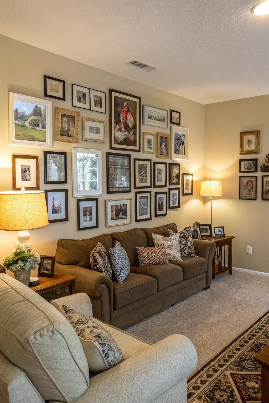 A thoughtfully arranged frame wall can transform your living area into a personal gallery.