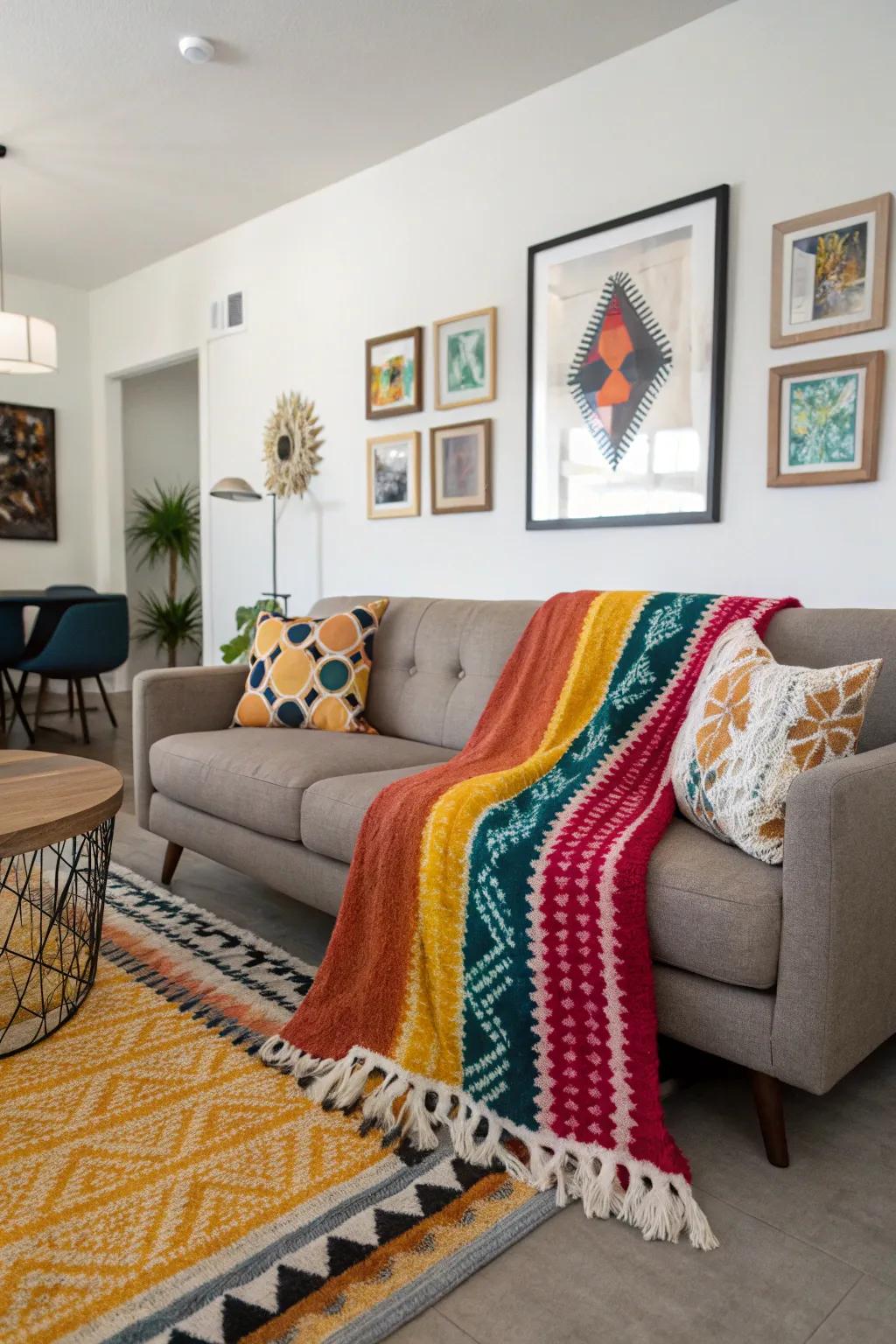 A bold throw as a statement piece on a couch, adding vibrancy to the room.