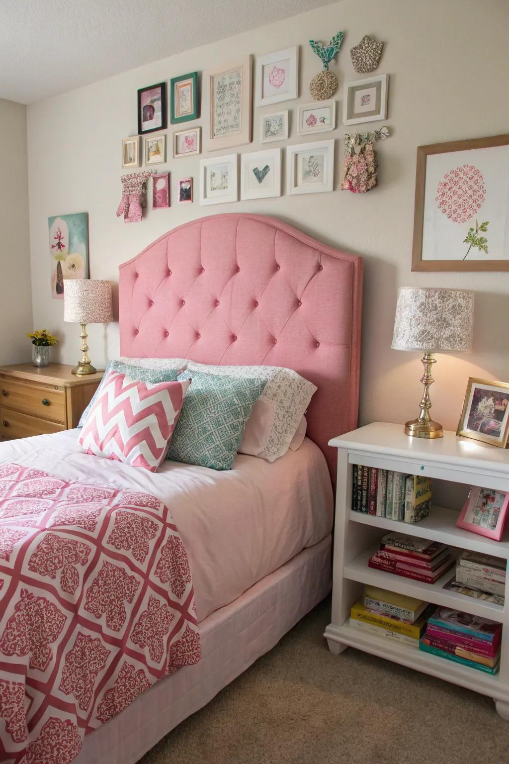 A personalized and inviting space featuring a DIY pink upholstered section headboard.