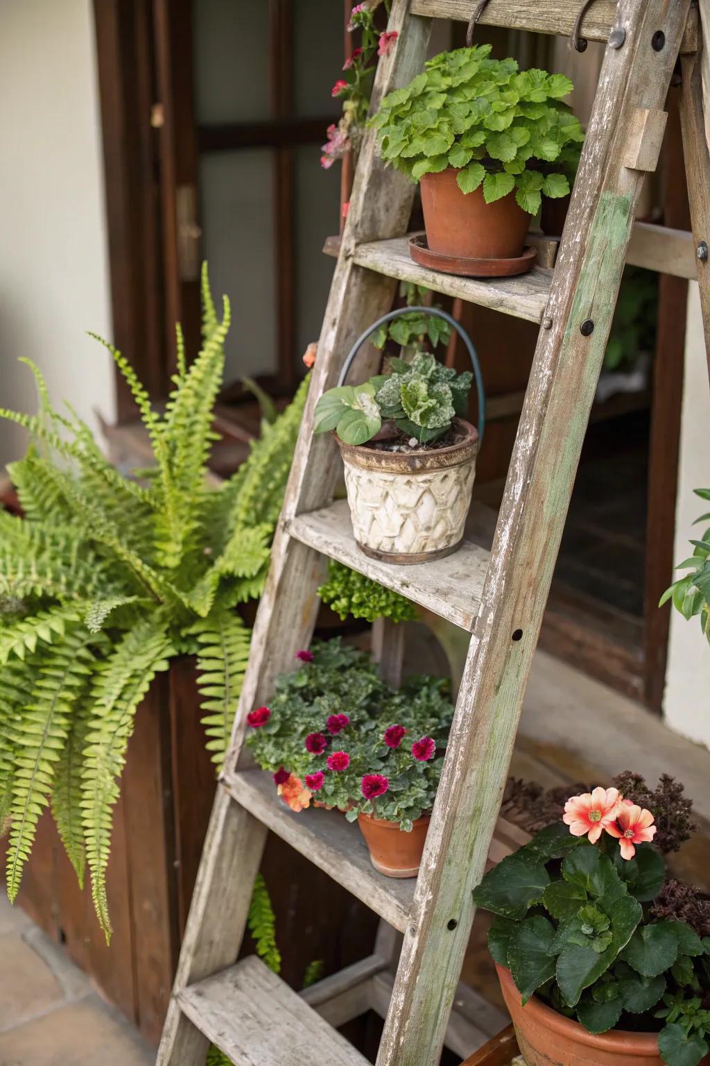 Repurpose an aged ladder as an endearing botanical stand.