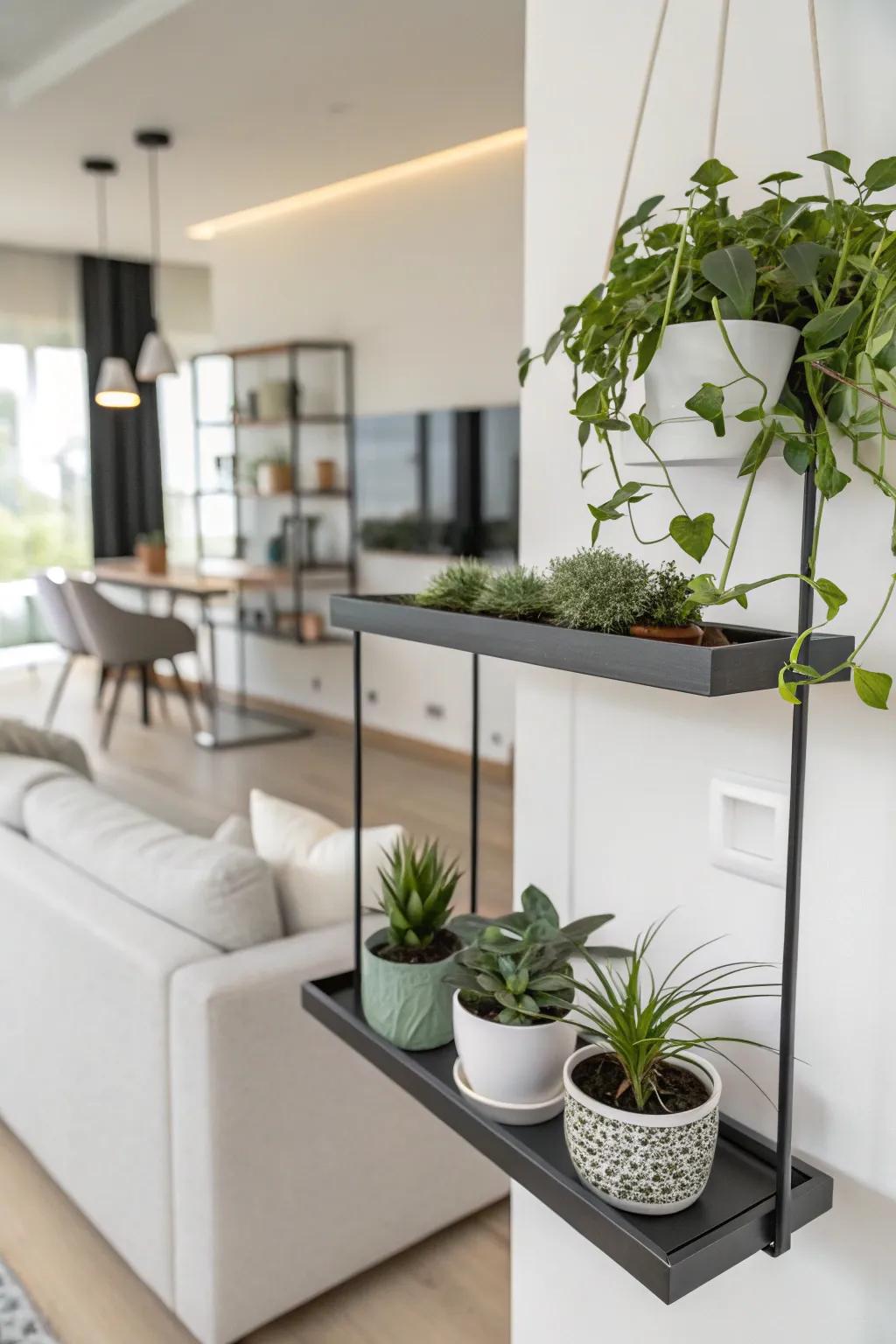 A minimalist suspended plant shelf underscoring simplicity.