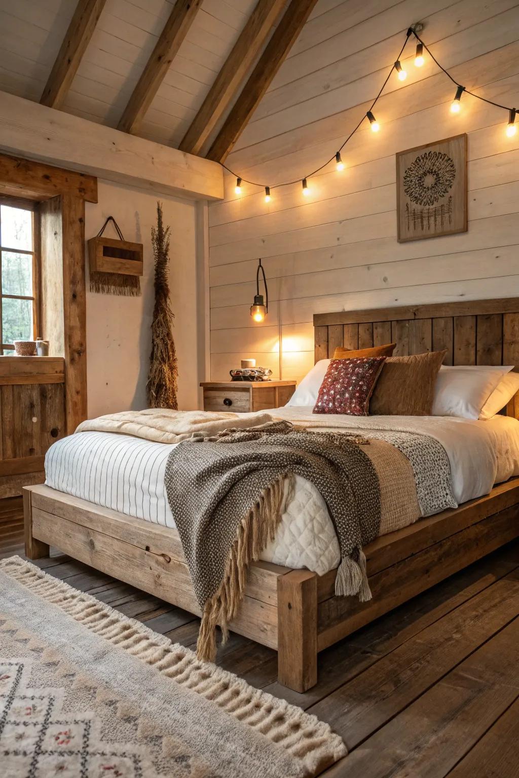 Rustic platform beds insert a touch of inherent beauty.
