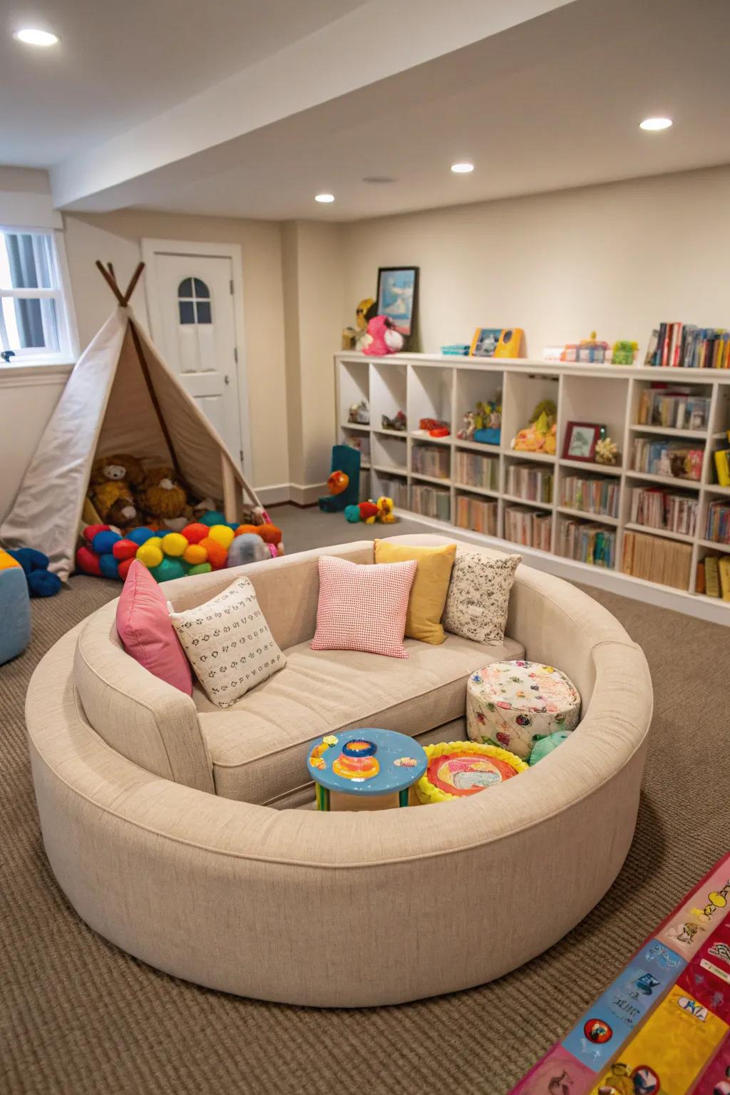A secure playroom showcases a rounded edge seating arrangement.