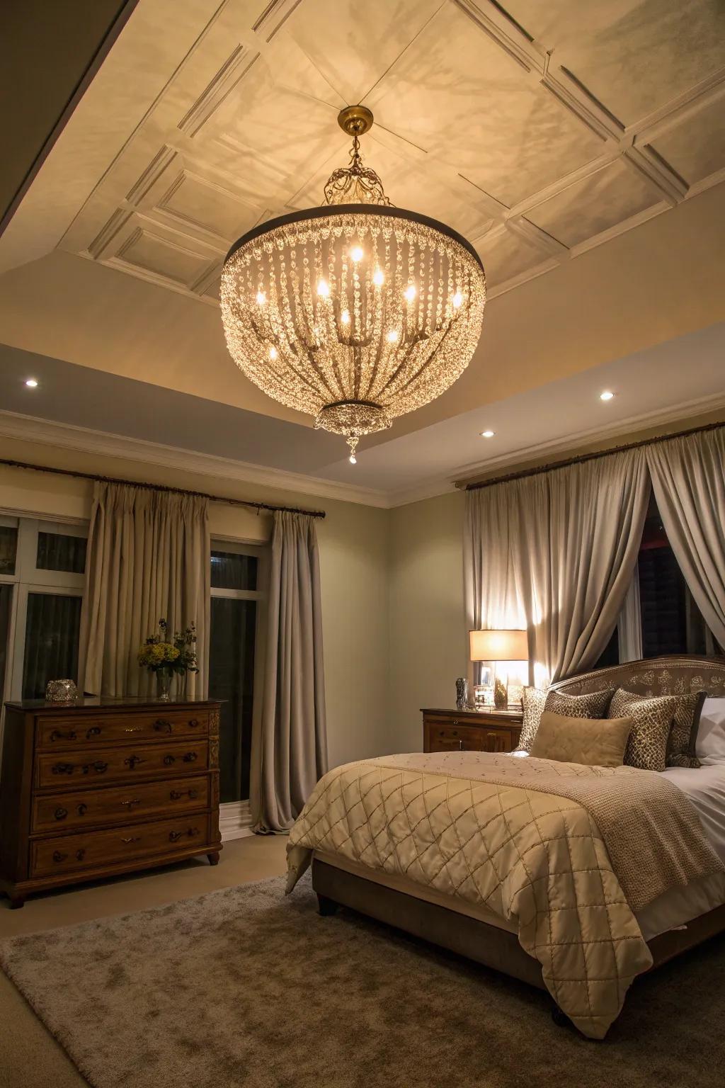 Chandeliers craft impressive focal points in deluxe bedrooms.