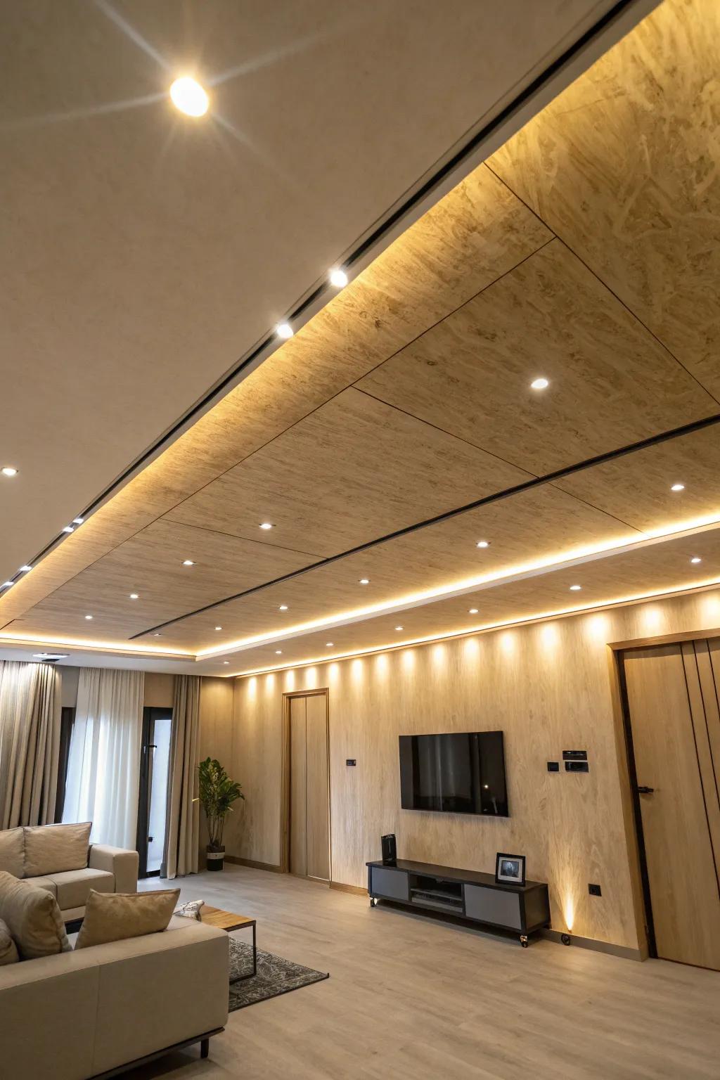 A modern room featuring inset illumination augmenting a stylish plywood roof.
