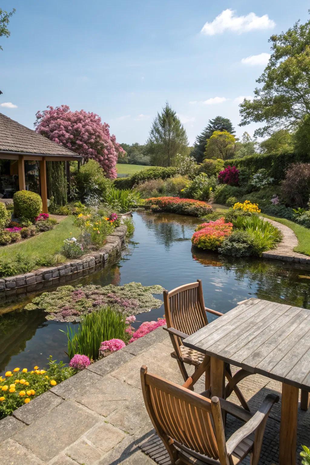 Integrated landscaping establishes a unified and harmonious garden design.