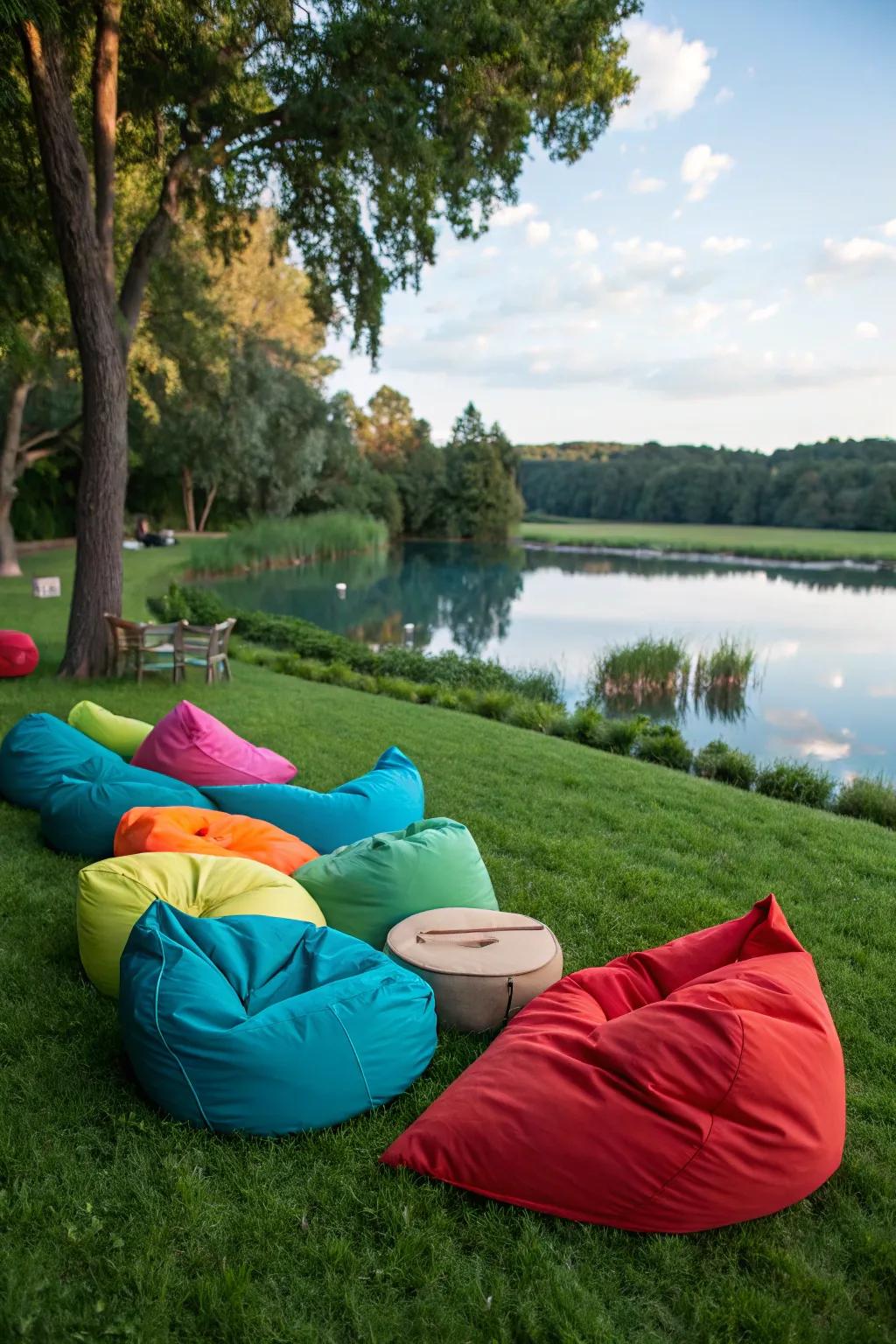 Outdoor bean bags provide a casual and comfortable seating option.