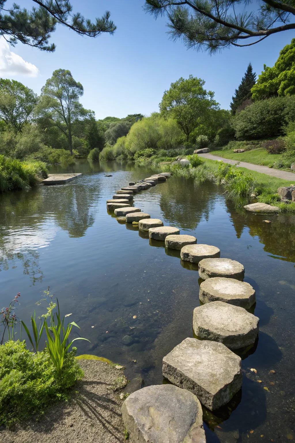 Crossing pavers enrich the allure and accessibility of your pond stream.