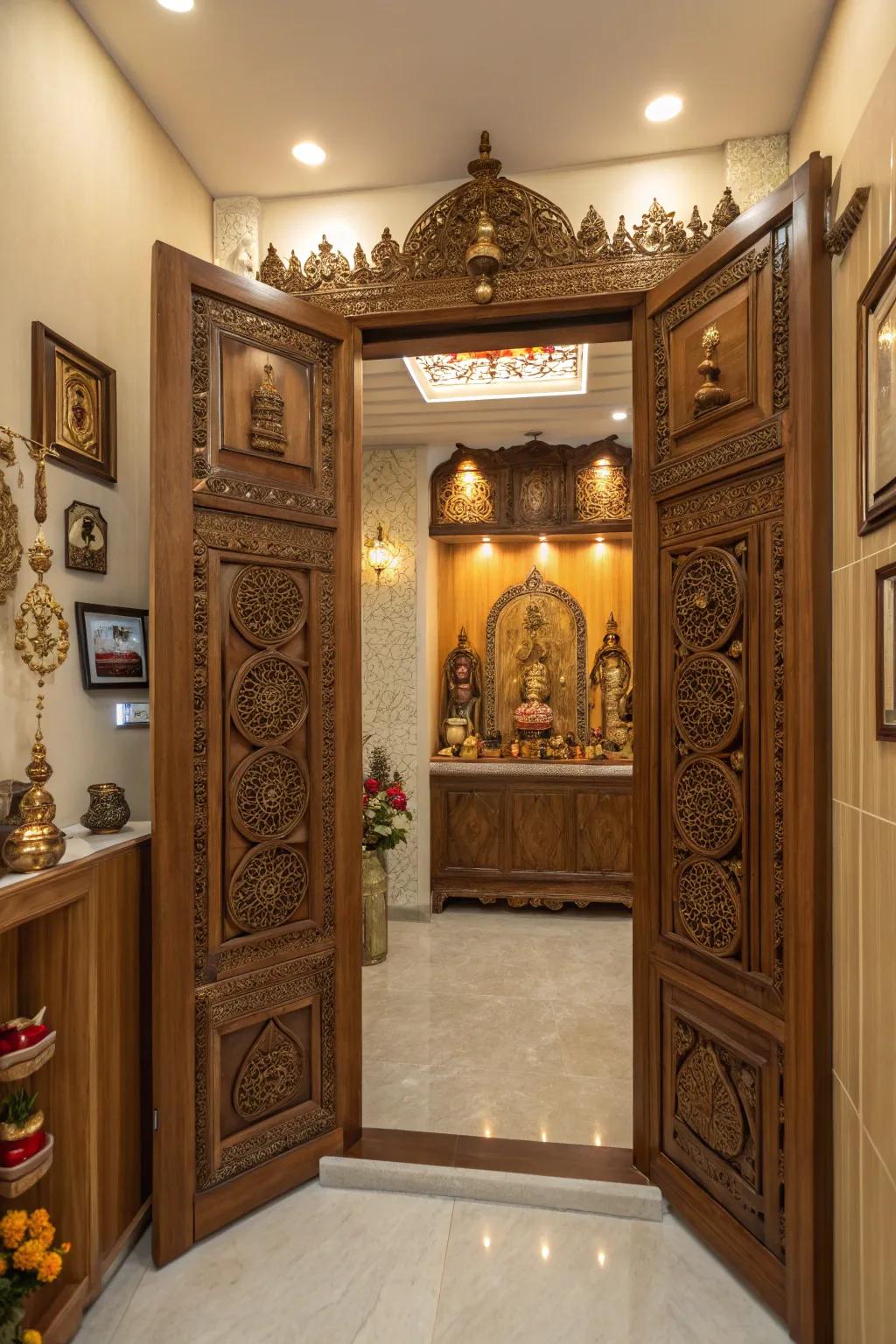 Ornamental doors invite you into the sacred space of this pooja room.