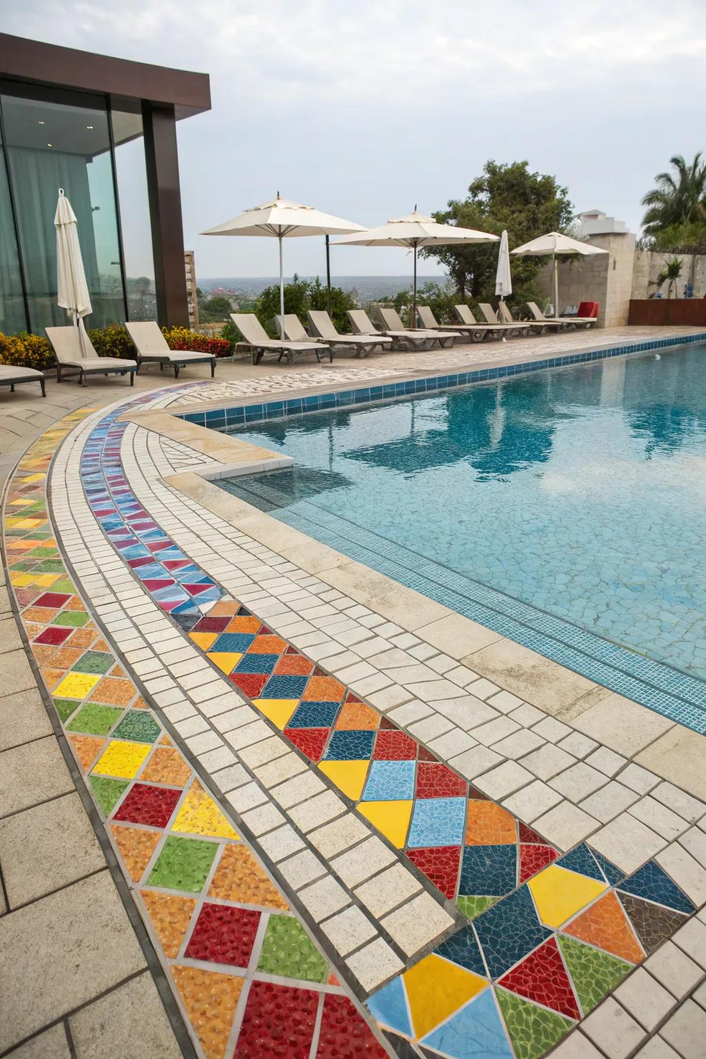 Mosaic tiles bring vibrant patterns and a personal touch to your pool deck.