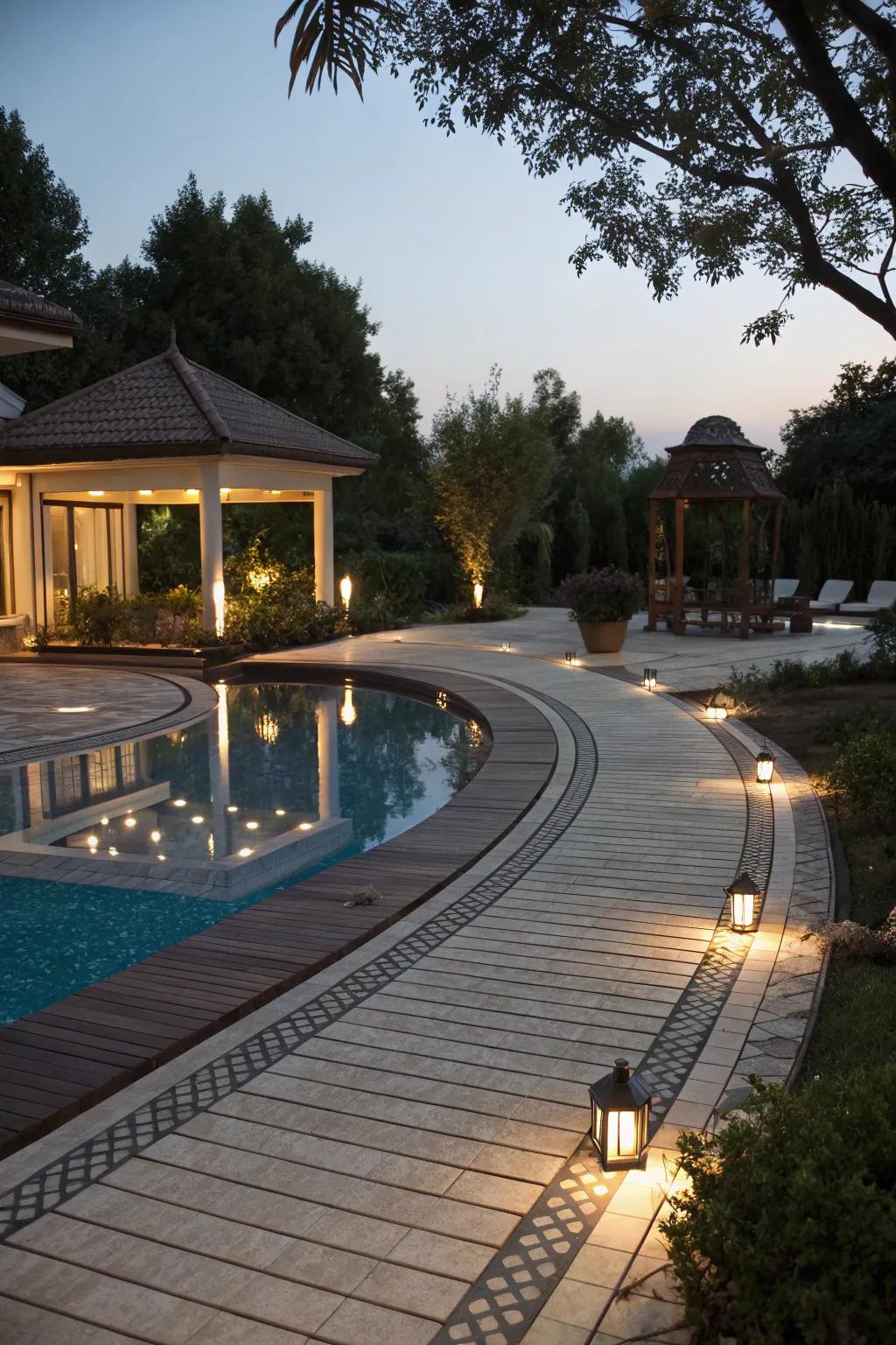 Ambient lighting enhances the poolside atmosphere after dark.