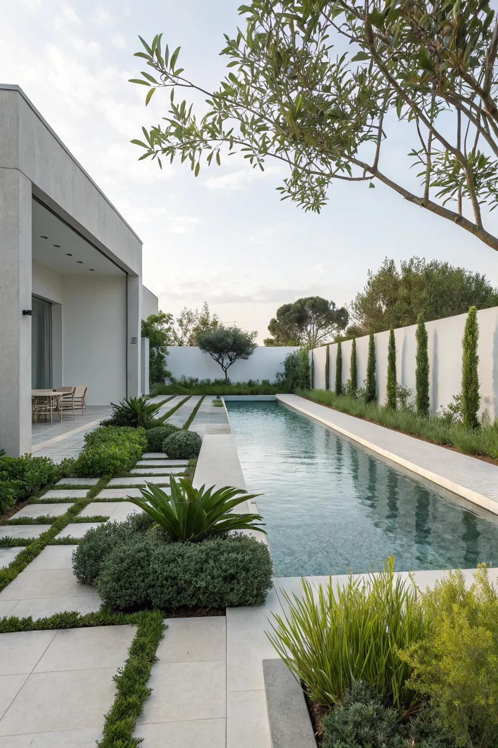 Minimalist flora elevates the contemporary aesthetic of pool designs.
