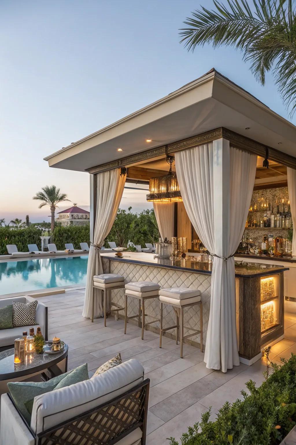 An enclosure with a wet bar furnishes a secluded oasis by the pool.