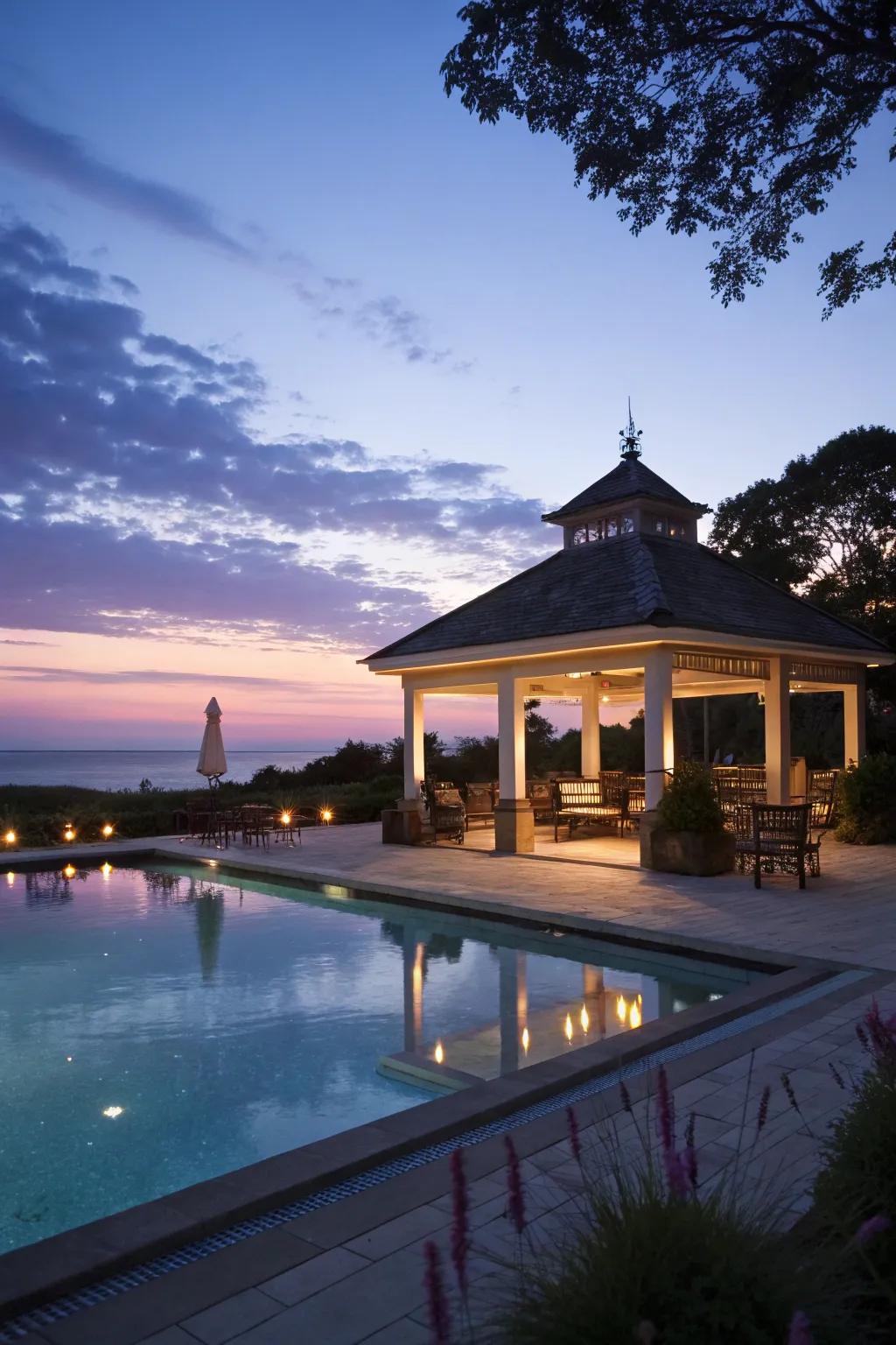 Ingenious illumination elements can metamorphose your pool shelter into an enchanting nighttime retreat.