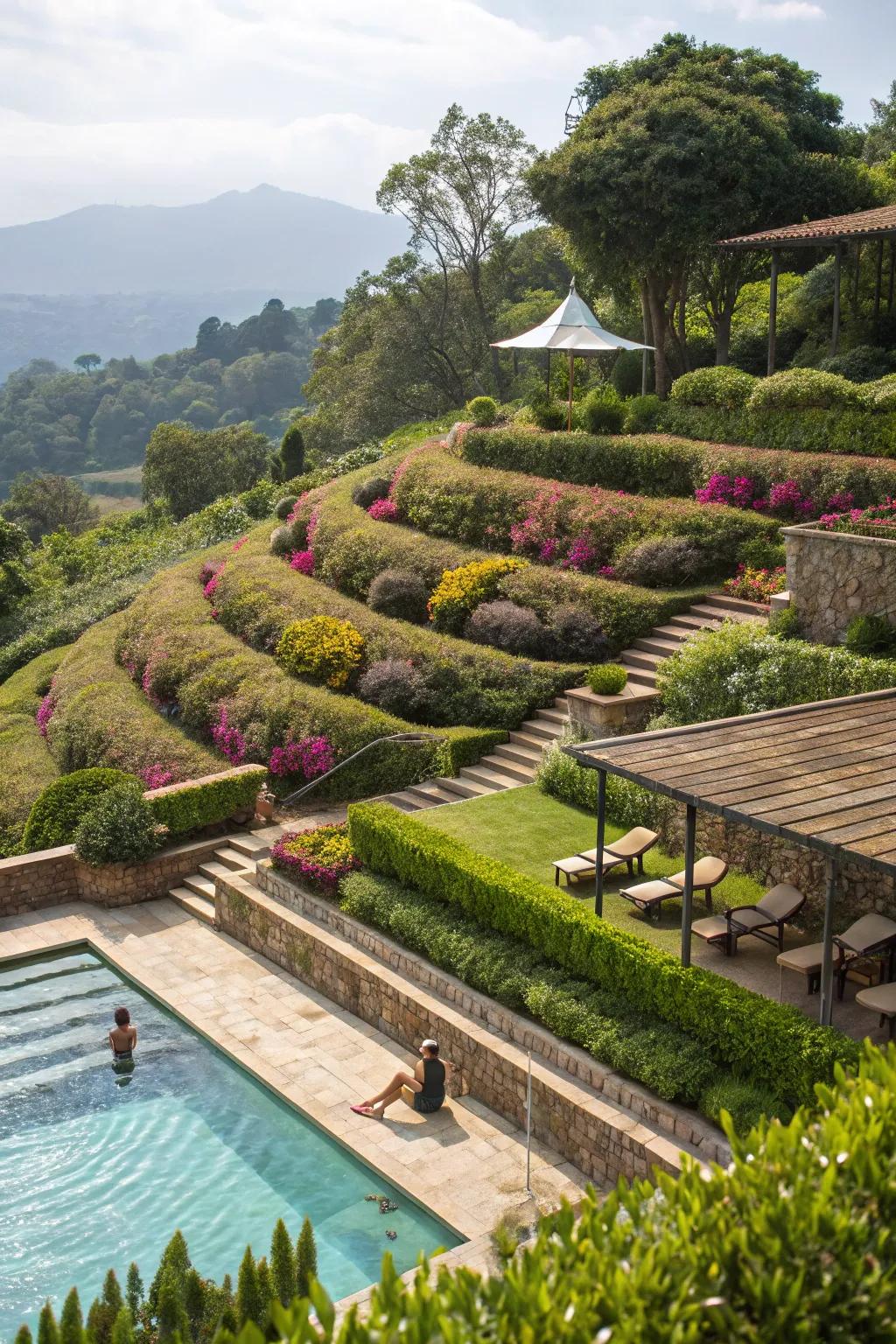 Terraced landscaping enriches privacy and aesthetics.