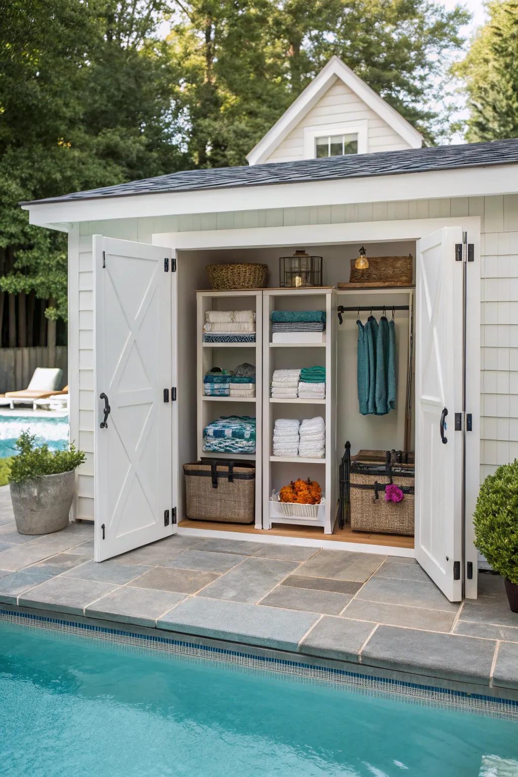 An enclosed pool house delivers ample storage and a hint of opulence.