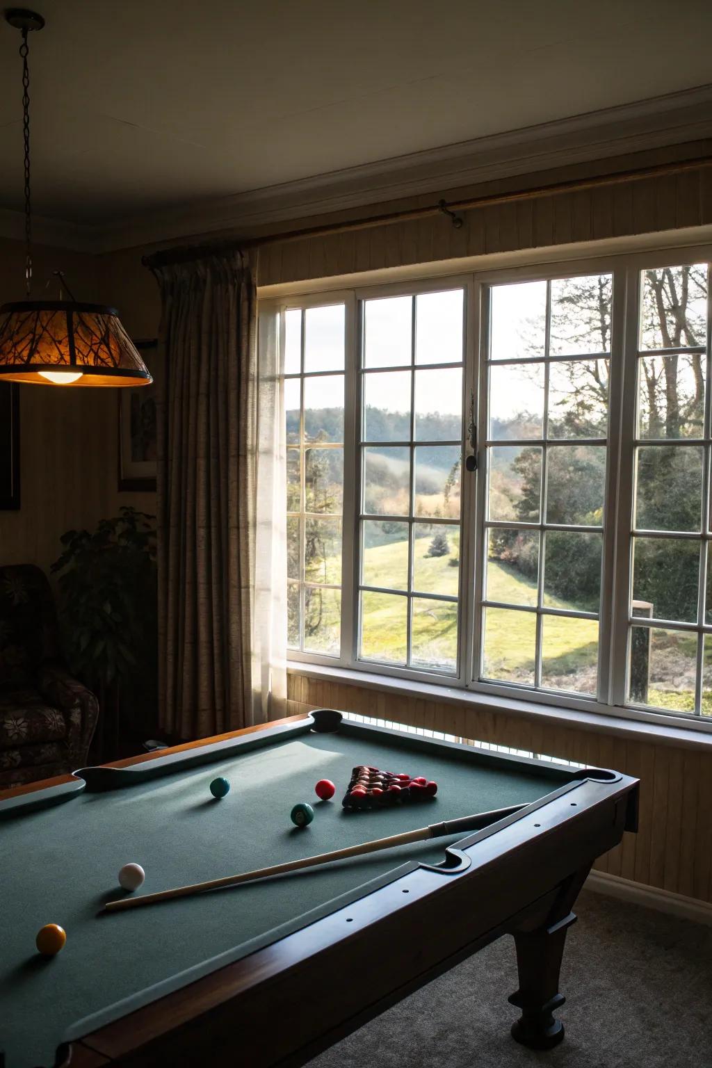 Sunlight floods the pool table room, enhancing its warmth and openness.