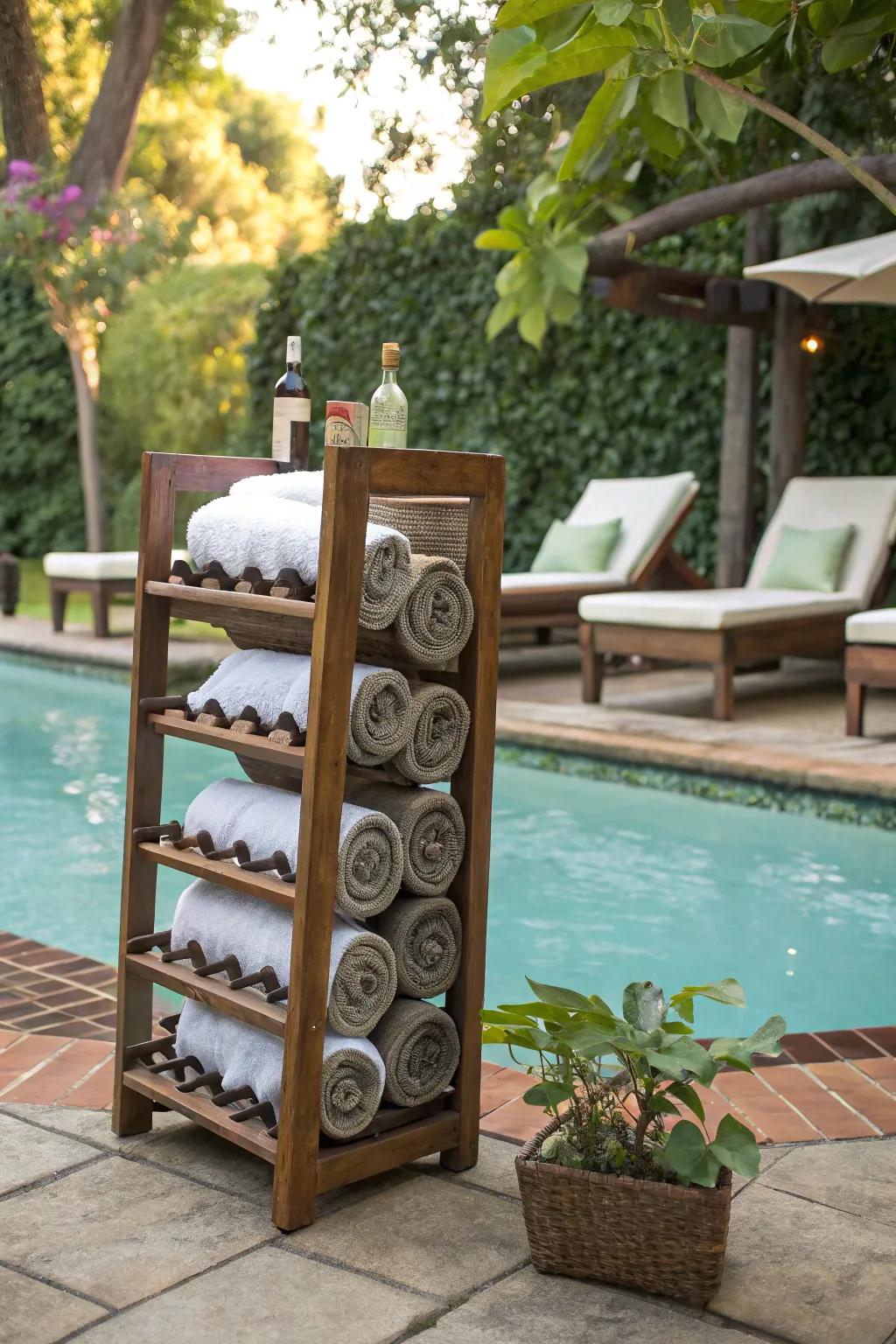 Upcycled wine rack for an exceptional towel storage answer.