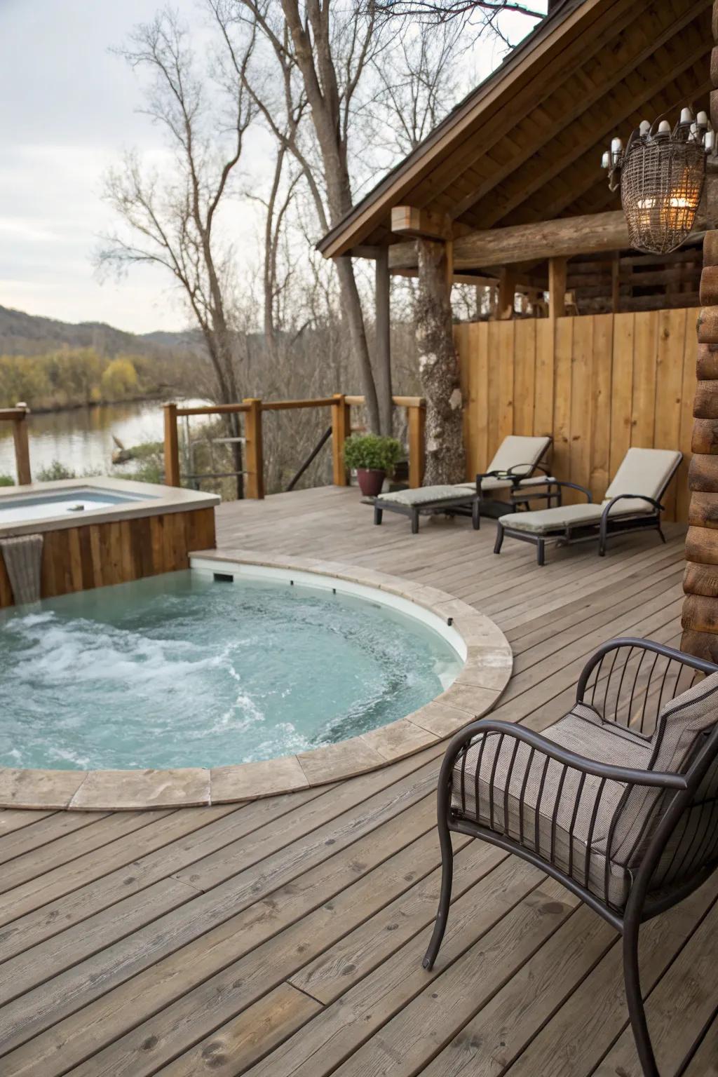 A rustic wooden deck infuses warmth and allure to your pool and jacuzzi.