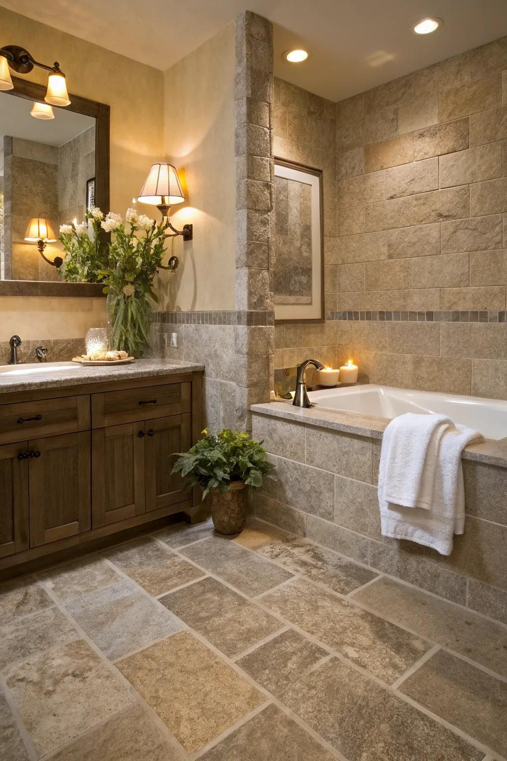 Mineral-style ceramic squares fashion a serene, spa-inspired atmosphere in this tranquil washroom.