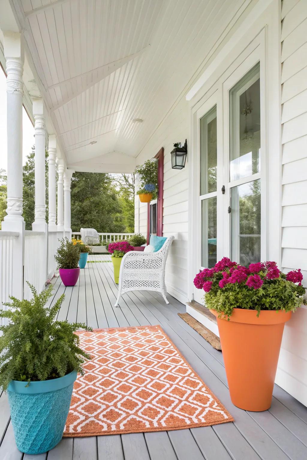 A classic alabaster porch with vibrant accents that introduce a personal touch.