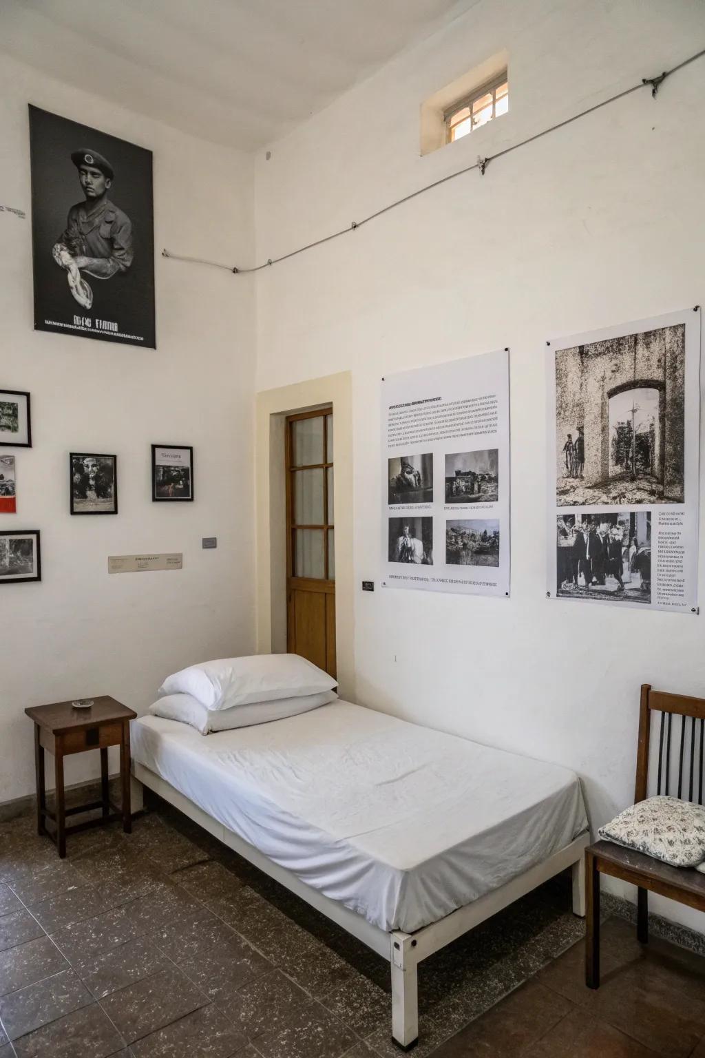 A minimalist interior design featuring a black and white poster.