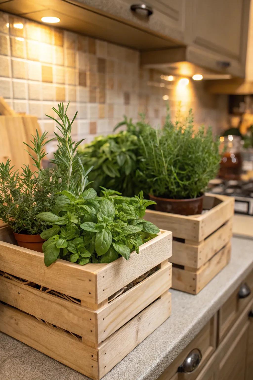 Timber crates brimming with aromatic herbs imbue a rustic charm.