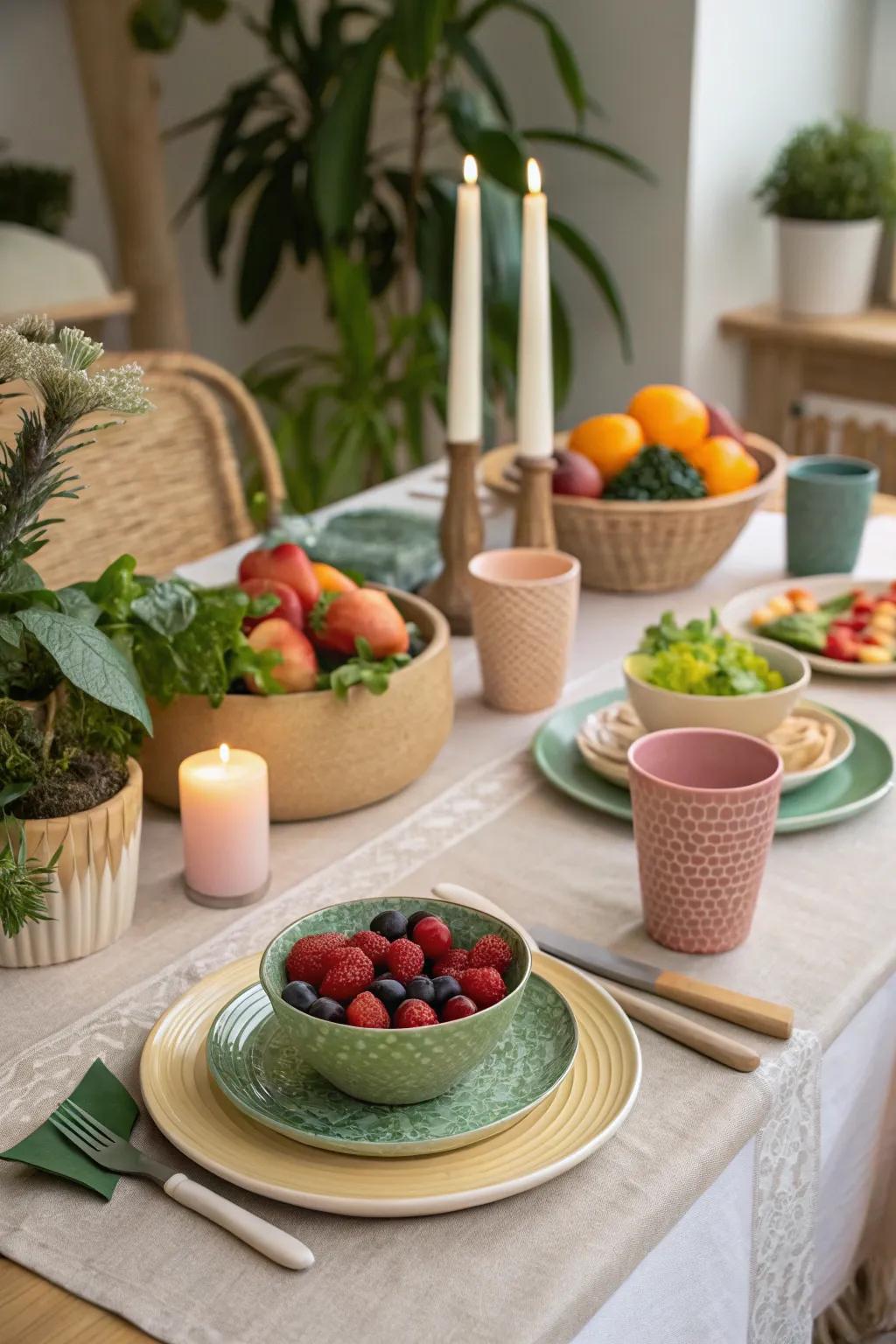 A dining space with organic dishes and earth-friendly decor.