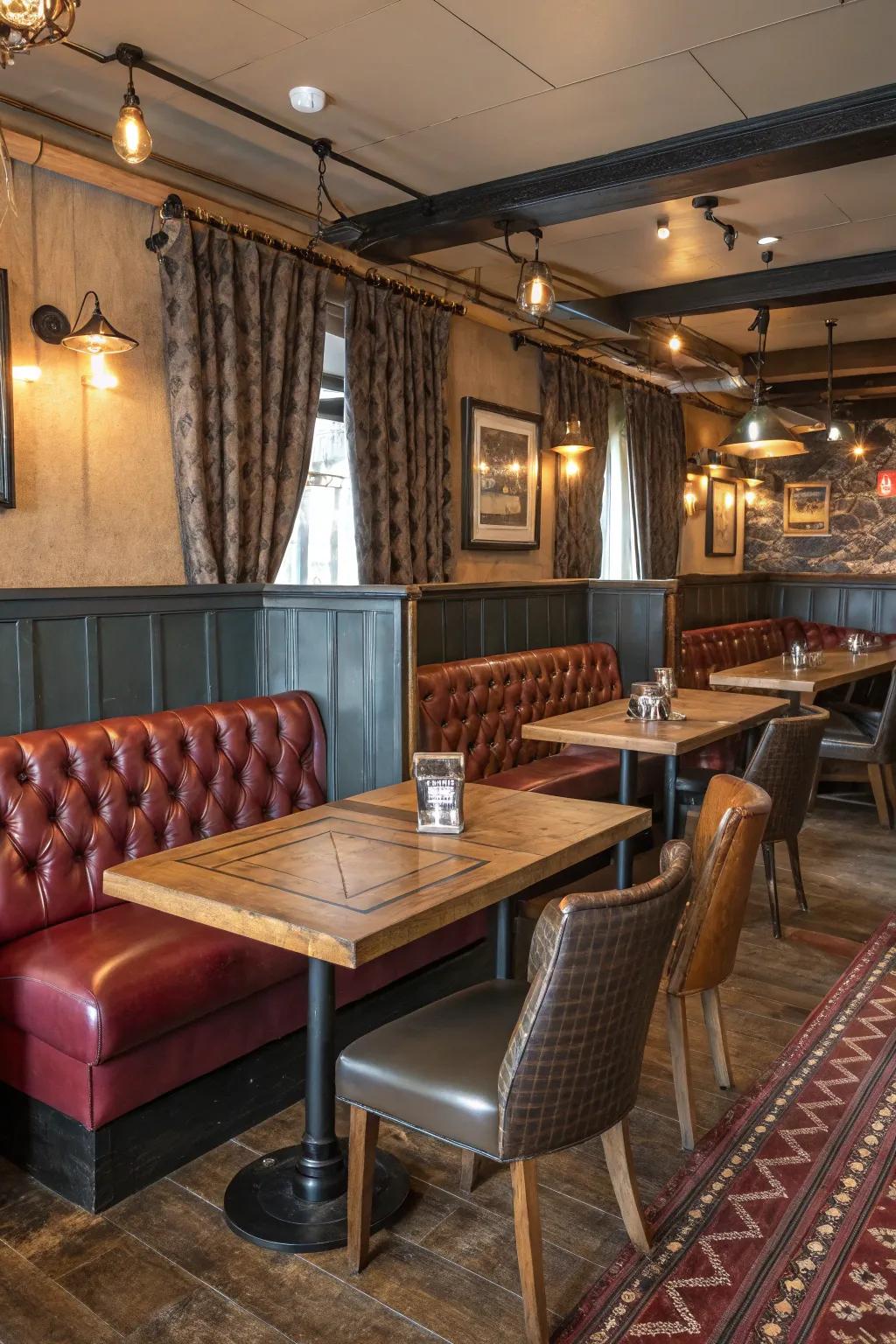 Combined materials fashion a rich and layered pub atmosphere.