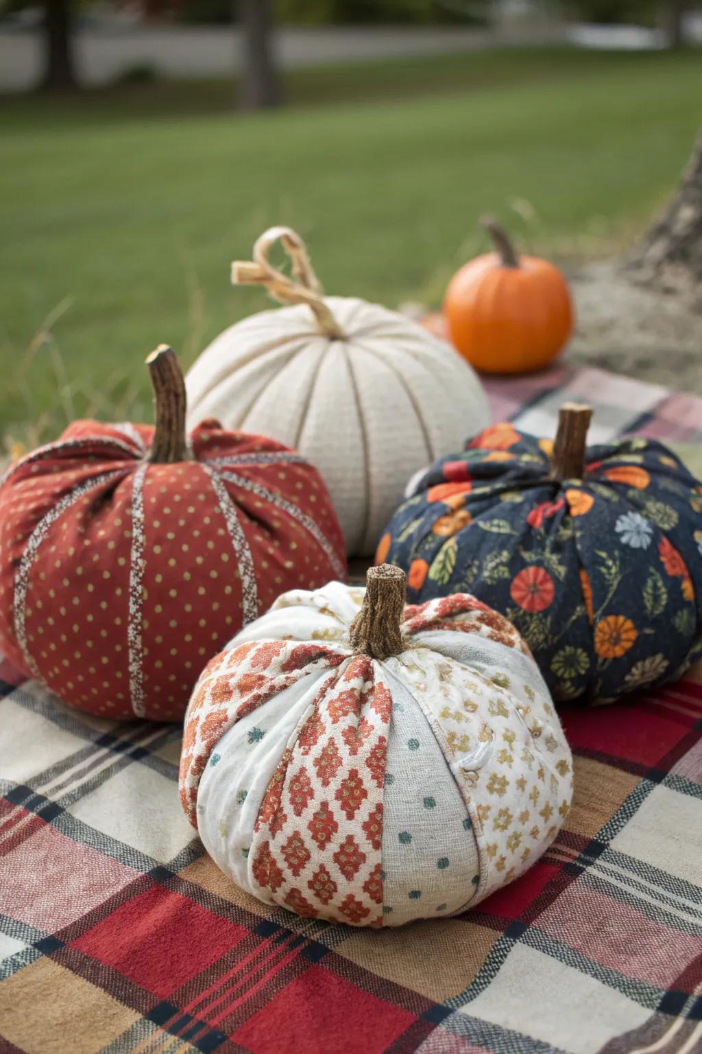 Textile-enveloped pumpkins provide warmth and dimension.