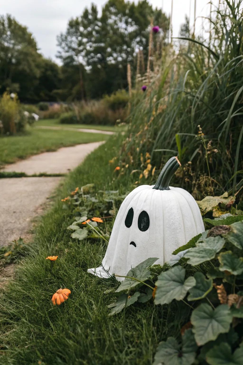 A spectral painted pumpkin that is both simple and effective for Halloween.