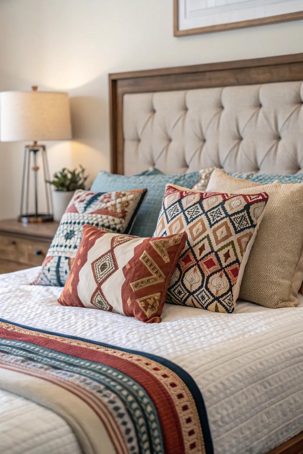 An eclectic array of pillows infuses charm and individuality.